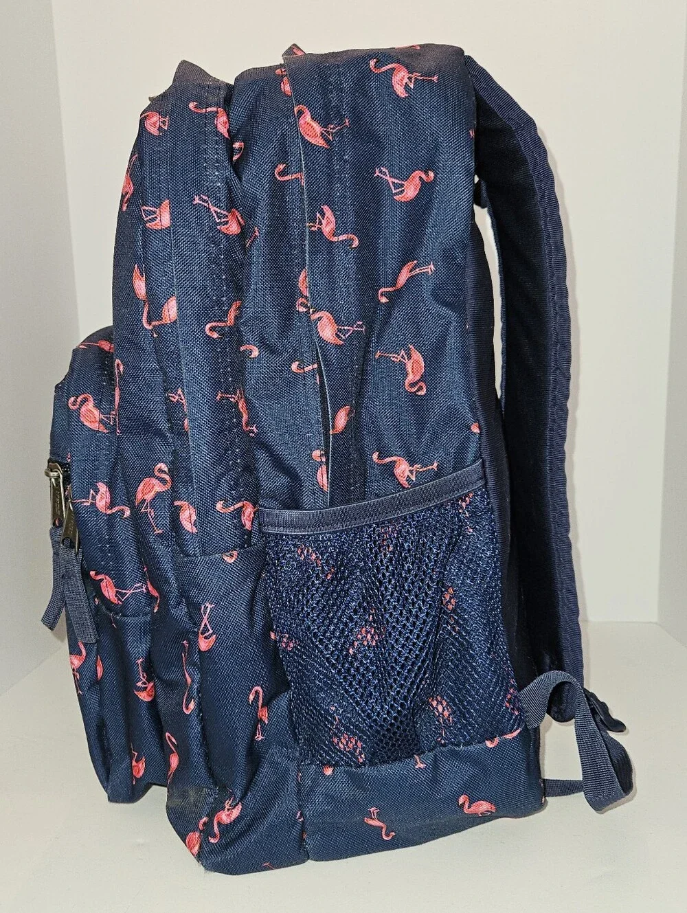 JanSport Trans Navy Backpack with Pink Flamingo Print School Travel Sports EUC
